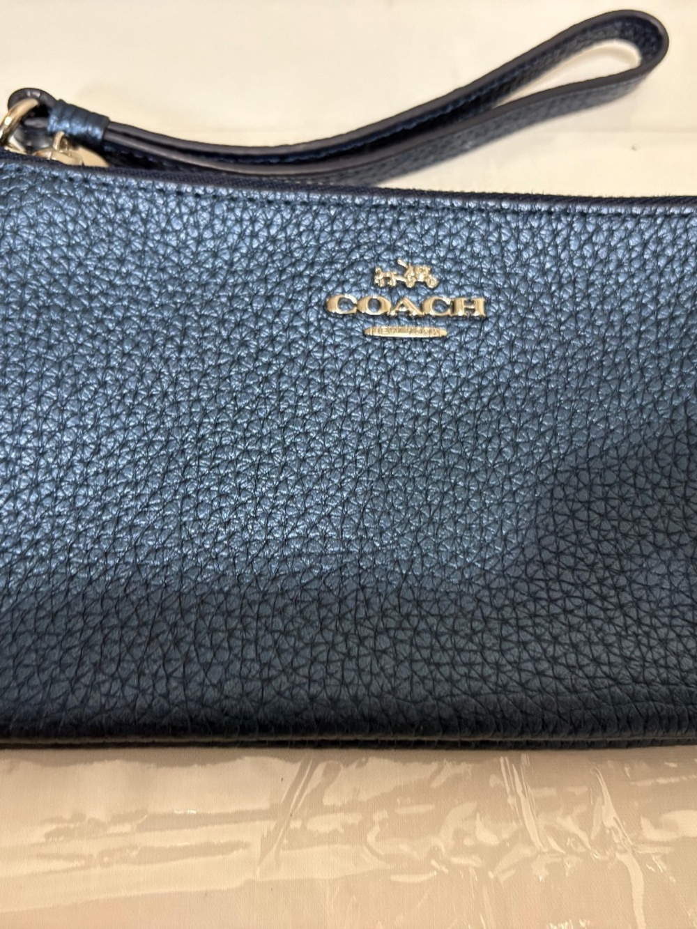 COACH metallic navy double zip wristlet wallet